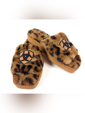Ariat Leopard Fuzzy Slide Slippers Size 6 Cozy Plush Indoor Outdoor